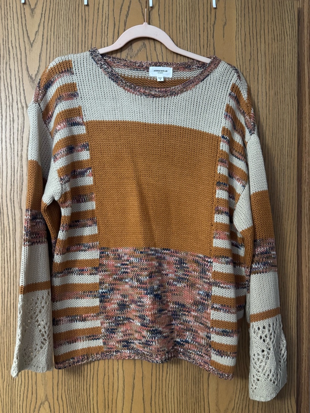 Annie Mixed-Knit Colorblock Crewneck Sweater - Mustard & Cream - Picture 1 of 4